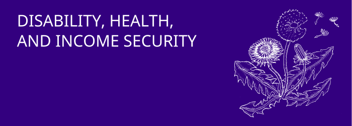 An indigo banner with the words DISABILITY, HEALTH, AND INCOME SECURITY and the image of a dandelion.