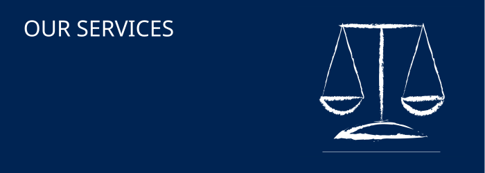 A dark blue banner with the words OUR SERVICES and the image of a pair of scales.