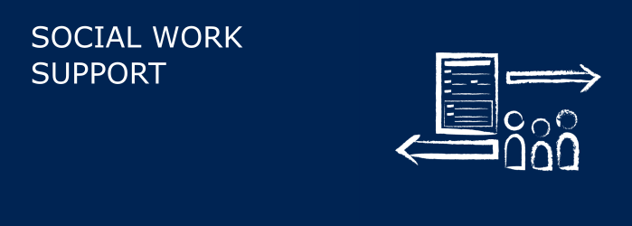 A dark blue banner with the words SOCIAL WORK SUPPORT, and an image of stick people being directed to resources.